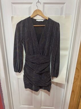Astr Black Glitter Ruched Long-Sleeve V-Neck Mini Dress